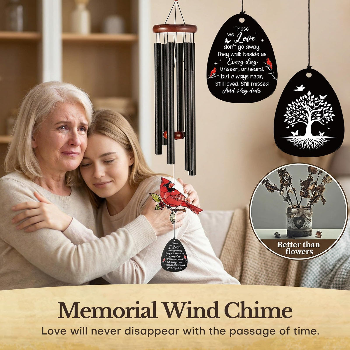 36'' Large Memorial Wind Chimes for Loss of Loved One (Red Bird)