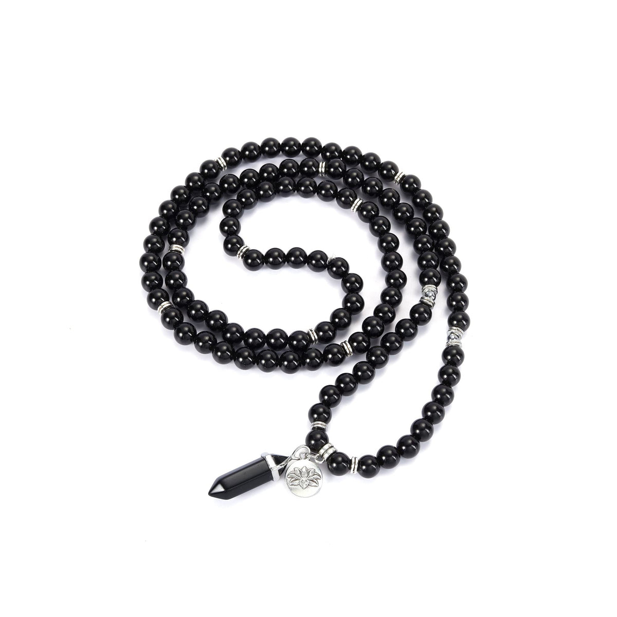 108 Mala Beads Bracelet 8mm Natural Black Obsidian Healing Crystal Stone Mala Prayer Bead Necklace Hexagonal Prism Gemstone Reiki Pointed Pendant for Yoga Meditation Energy Balancing (Black Obsidian Crystal)
