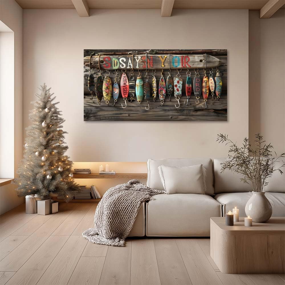 Rustic Fishing Lures Canvas Wall Art Vintage Wood Plank Painting Flat Print Gallery Wrapped Lake House Artwork for Living Room Bedroom Bathroom Decor (Retro / Red Decorative Fishing Lures 13 / 58"L x 28"W)