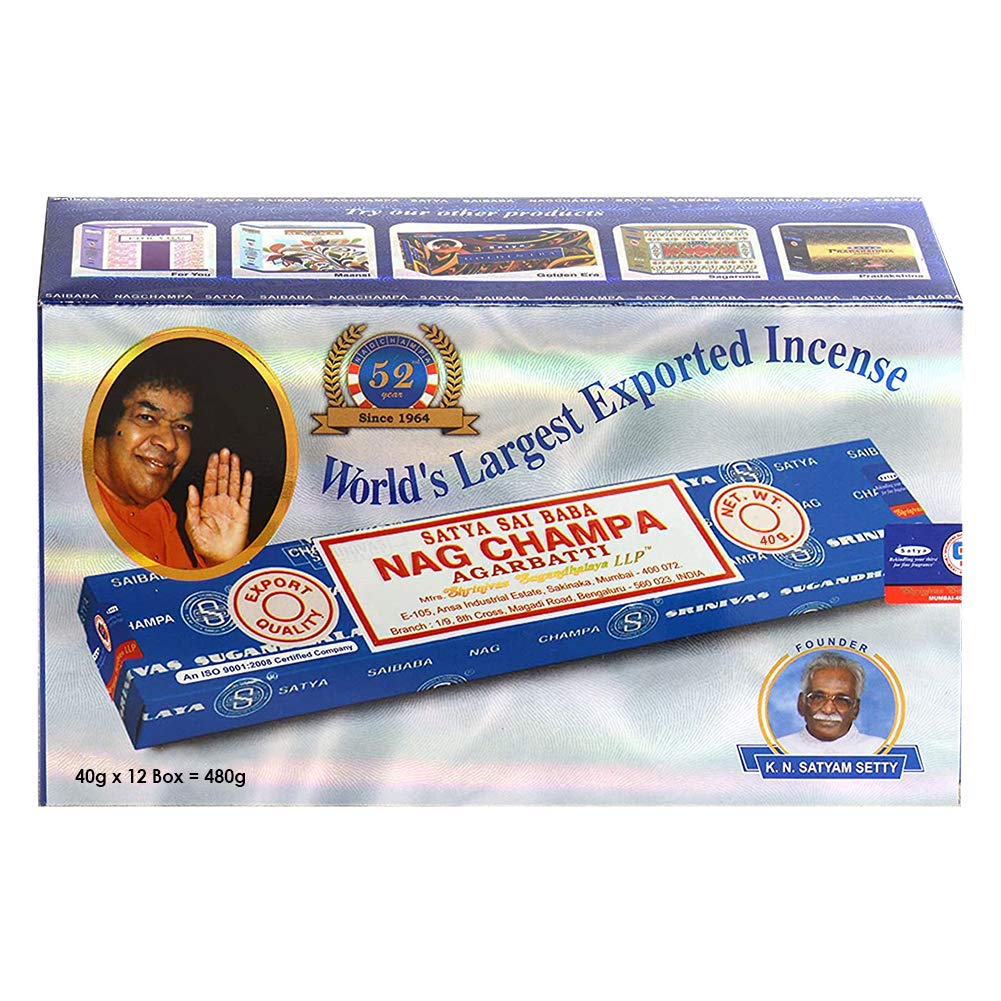 Nag Champa Incense Sticks 40g x 12 and Incense Stick Holder Bundle Insence Insense Satya Incense (Nag Champa 40g - Pack of 12)