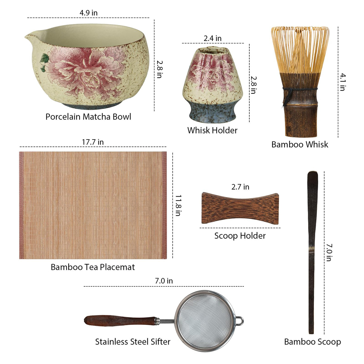 Matcha Set, 7-Piece Matcha Whisk Set with Bowl & 100-Prong Whisk (Beige-Peony)