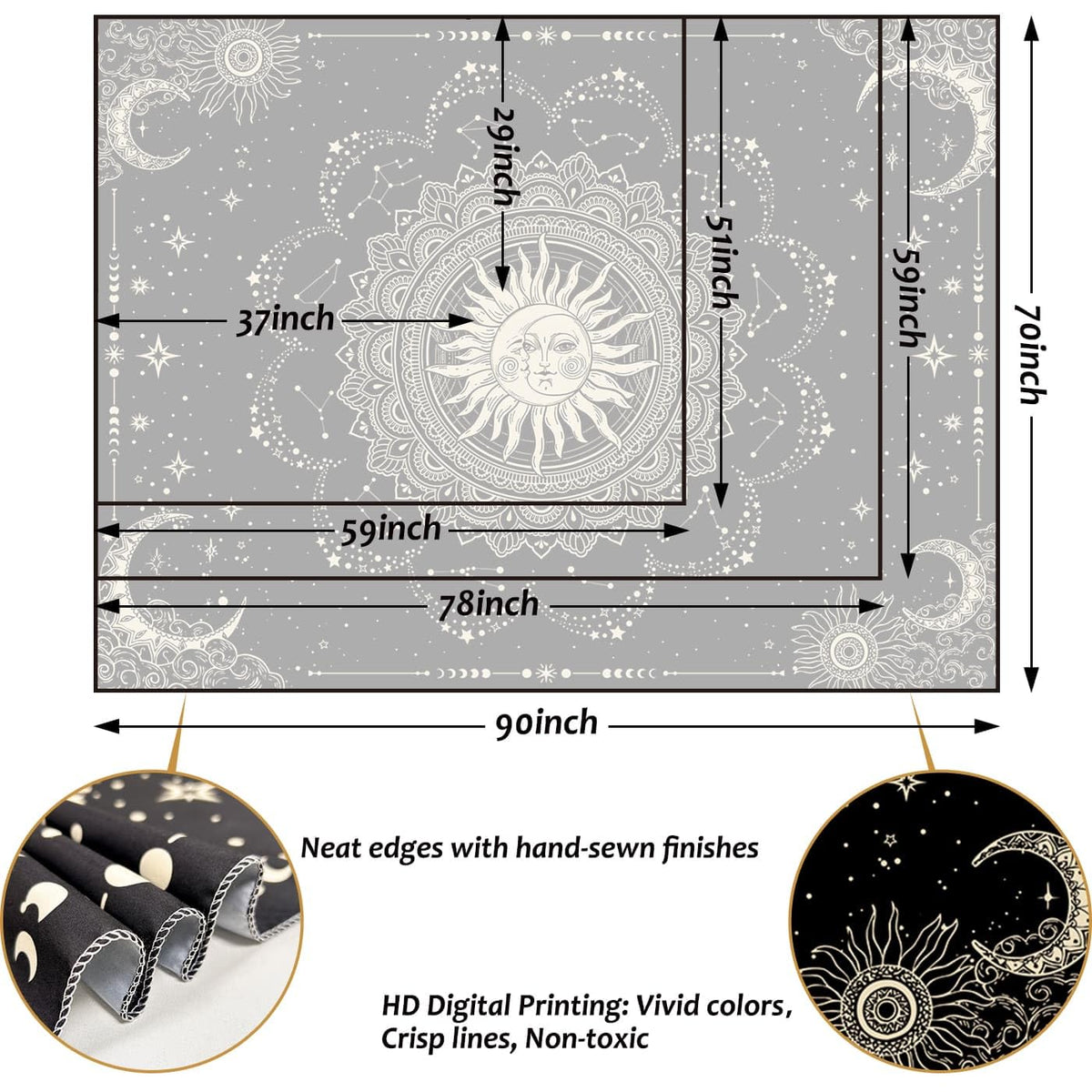 Sun and Moon Tapestry (Black Golden / 59"L x 51"W)