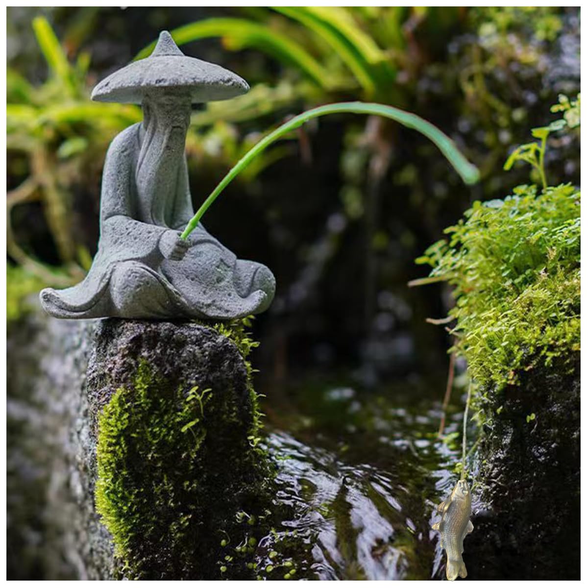 Mini Fisherman Statue Asian Zen Decoration Sitting Fishing Figurines Sandstone Vintage Ornament for Aquarium Fish Tank Pot Garden Home Japanese Decor (Gray)