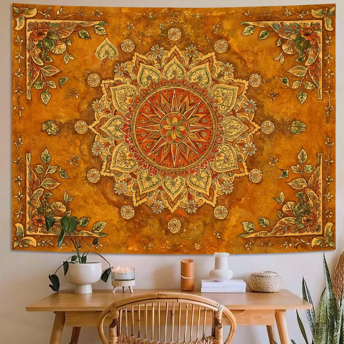 Floral Mandala Tapestry Boho Tapestry for Bedroom Brown Tapestries Wall Hanging Living Room Wall Art and Home Decor 70x90 (90"L x 70"W / Orange Brown)