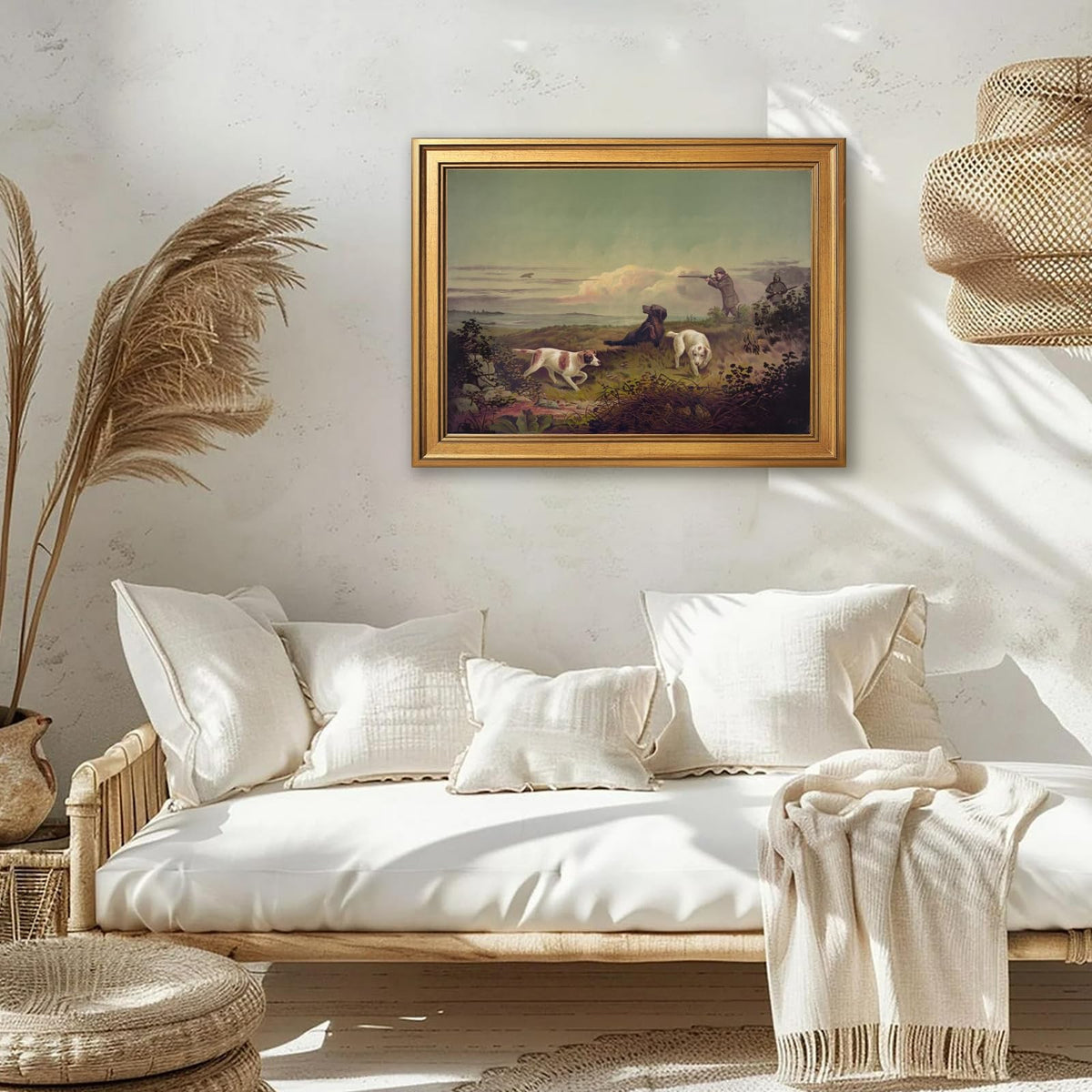 Framed Vintage Quail Hunting Landscape Wall Art Canvas Print Antique Americana Bird Wildlife Painting Hunt Poster Artwork Rustic Countryside Nature Picture Office Study Cabin Decor 12x16inch Gold (12"L x 16"W / Style-1 Retro Gold Frame)