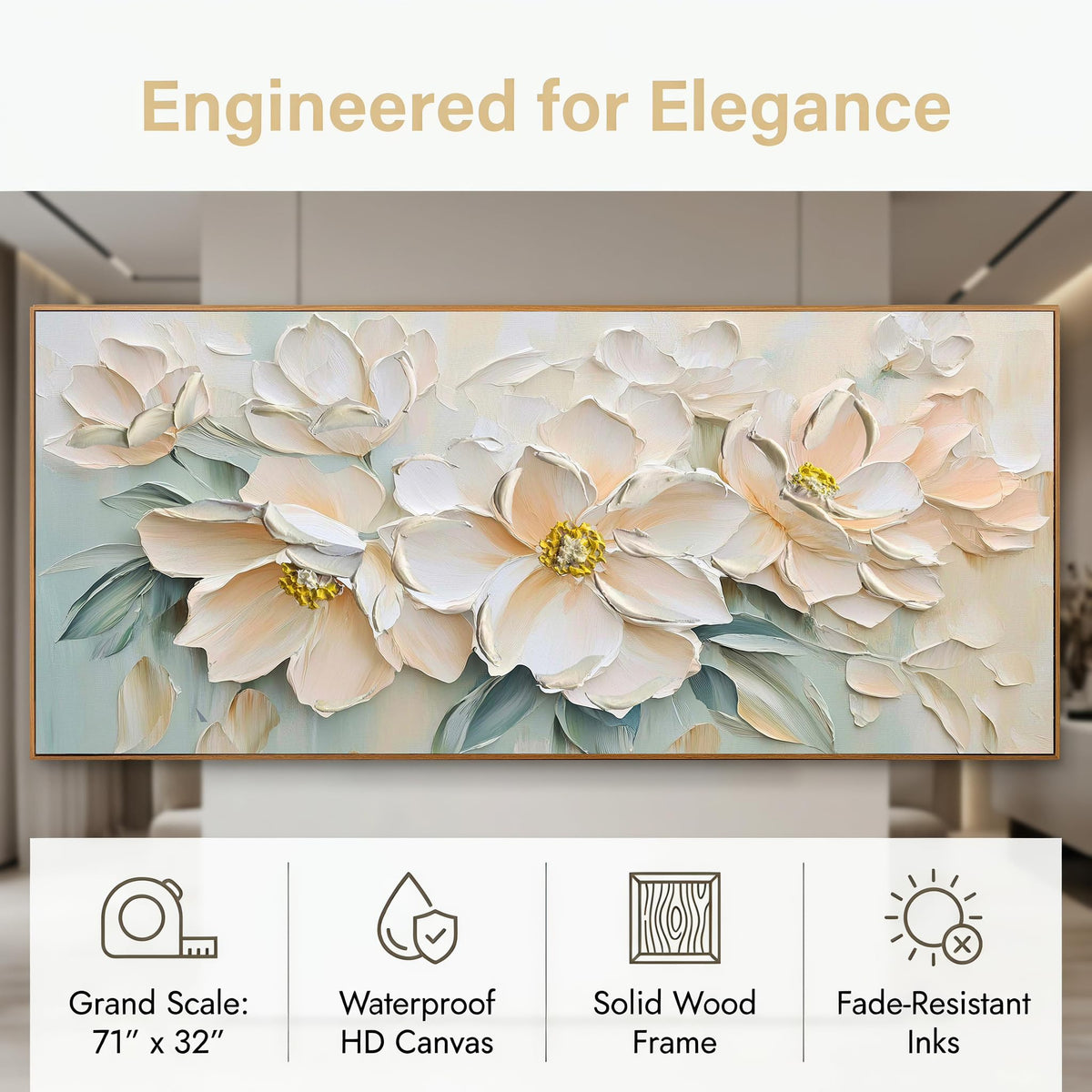 Framed White Floral Canvas Wall Art for Living Room Bedroom 71"x32" (Light Pink Florals / Wood Framed / 71"L x 32"W)