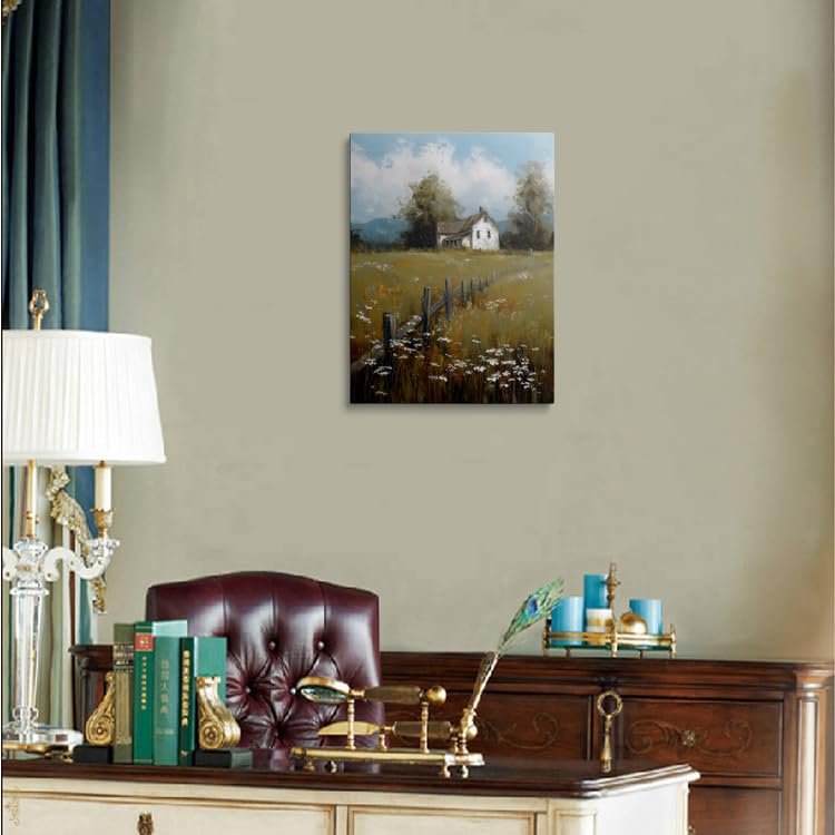 Calming Country Farmhouse Canvas Wall Art Framed Serene Landscape Painting White Farmhouse Wooden Fence Wildflowers Vintage Style Textured Brushstrokes Wall Decor Artwork Poster 16x24 Inches (wooden house / 24"L x 16"W)