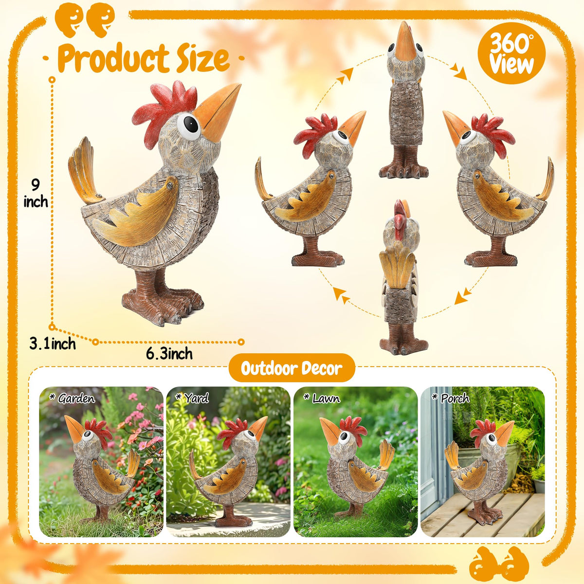 Outdoor Whimsical Rooster Statue Chicken Yard Art Garden Rooster Decor (Brown)