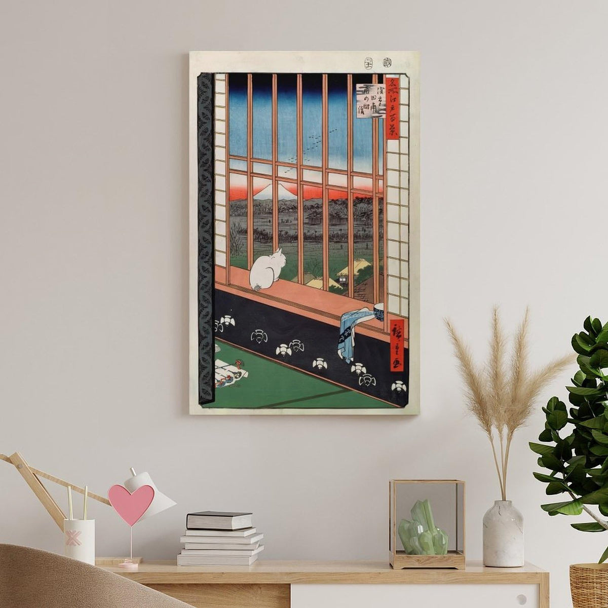 Hiroshige Asakusa Ricefields White Cat Japanese Ukiyoe Landscape Canvas Printing Wall Art Prints Wall Decor Posters Zen Vintage Style for Living Room Bedroom Home Office Gallery 24x36inch (style-4 / 24x36inch(60x90cm) Frame)