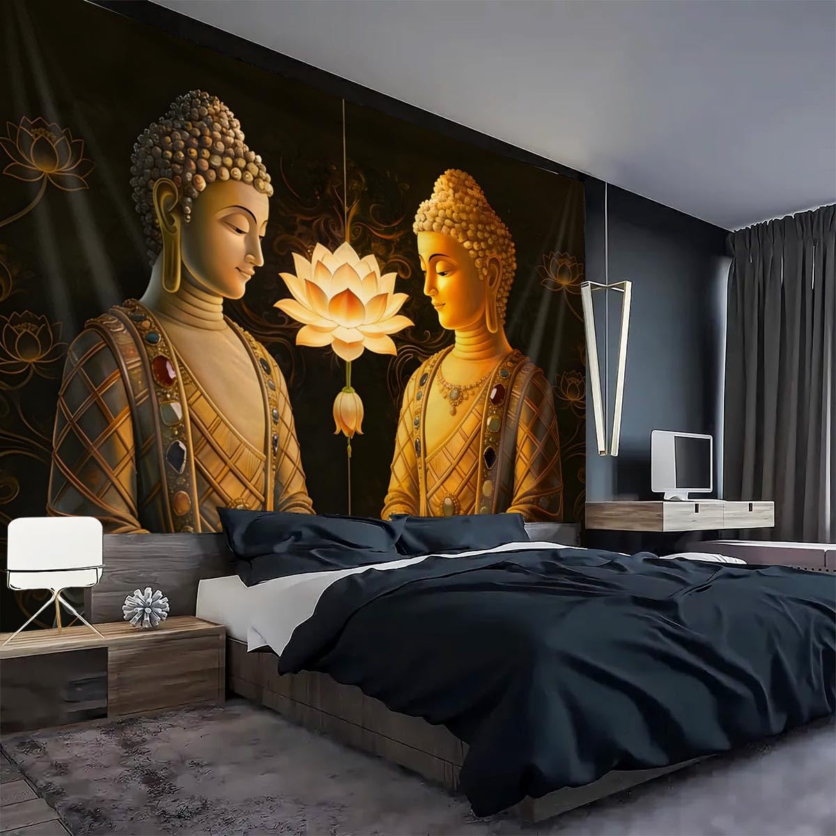 Vintage Sitting Buddha Tapestry Buddha's Light Wall Hanging Buddhist Statue Tapestries Lotus Meditation Wall Decor Psychedelic Indian Zen Art for Bedroom Living Room Home Decor (Golden / 59"L x 51"W)
