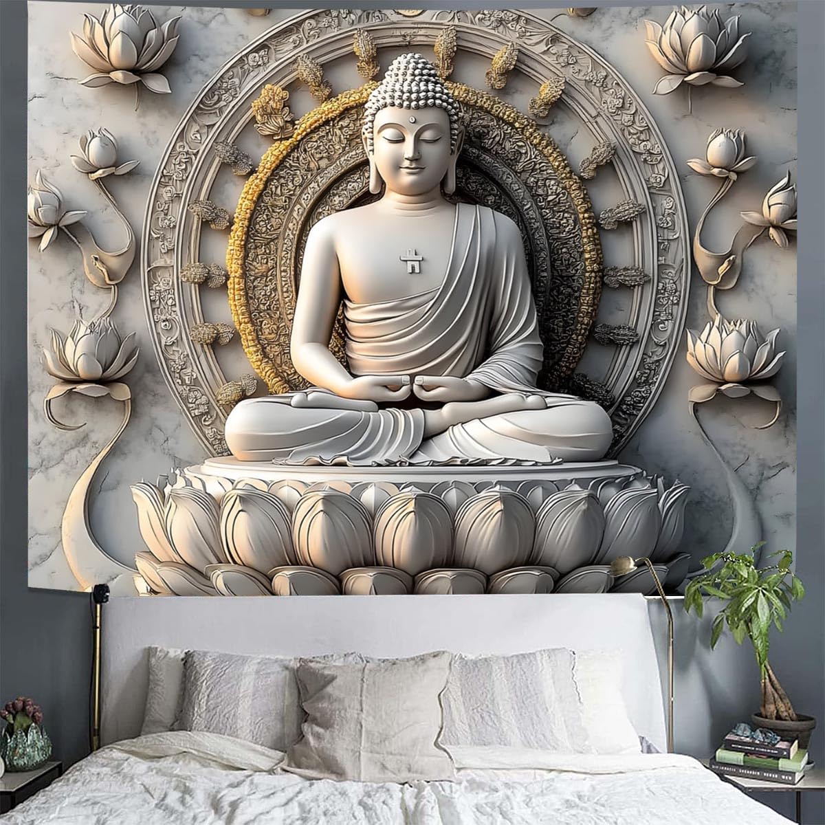 Vintage Sitting Buddha Tapestry Wall Hanging Buddhist Statue Tapestries Lotus Meditation Wall Decor Psychedelic Indian Zen Art for Bedroom Living Room Home Decor (Beige / 90"L x 71"W)