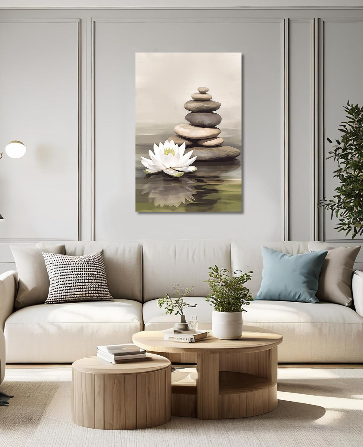 Zen Wall Art Lotus Canvas Print Bathroom Decor Spa Stone Picture Meditation Painting Vintage Artwork for Spiritual Room Living Room Office Modern Home Decor Frame (24"L x 16"W / Art-3)