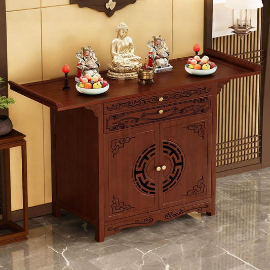 Altar Table with Drawer and Door (47.2''×15.7''×39.4''/120×40×100cm / Rich Mahogany With Door)