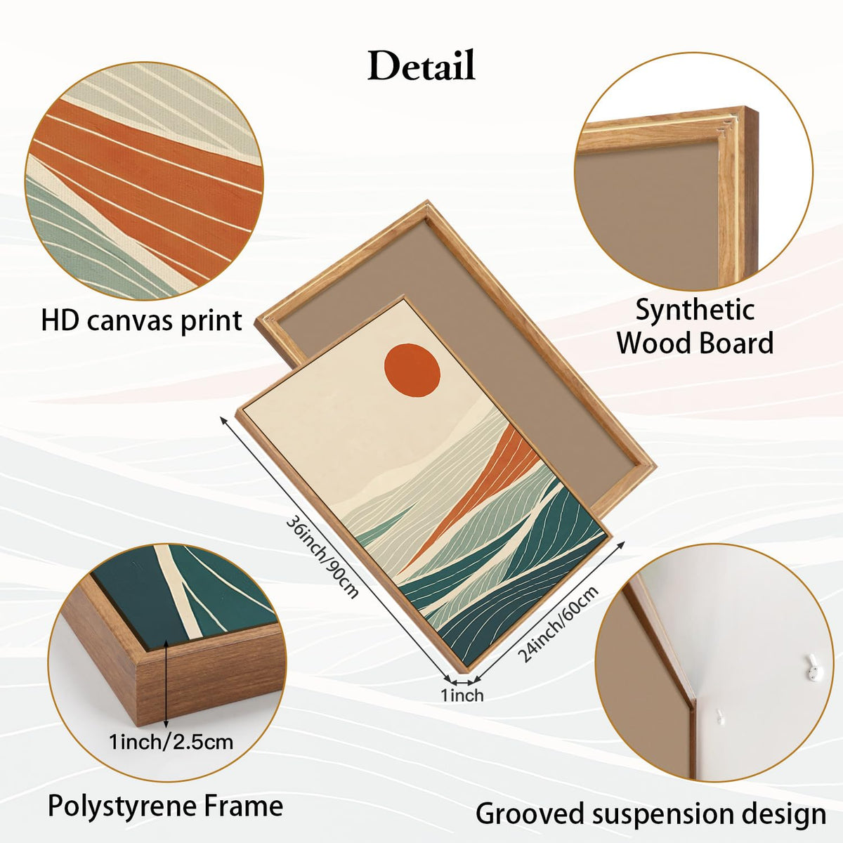Beach Sunrise Framed Canvas Wall Art Set (Waves Line Art / 24"L x 36"W)