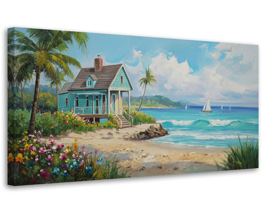 Tropical Large Canvas Wall Art for Living Room (teal blue landscape / 58"L x 29"W)