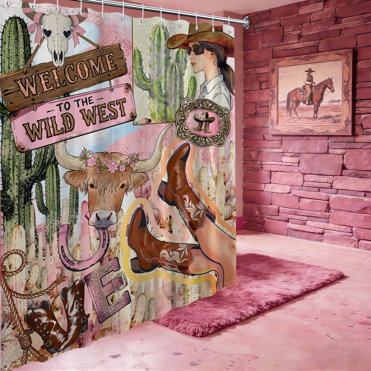 Small Stall Narrow Shower Curtain 48 x 72 Inch Pink Western Cowgirl Stand Up Desert Cactus Succulent Rustic Shower Curtains for Rv Camper Bathroom Decor Sets (Pink Western / 48"W x 72"L (Pack of 1))
