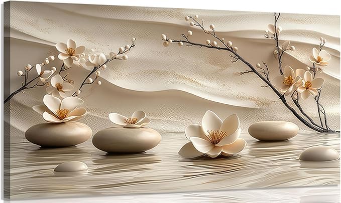 Zen Canvas Wall Art White Lotus Wall Decor Print Artwork Lotus Flowers Bloom Stones Spa Painting Pictures for yoga meditation room decoration 20x40in (Canvas / 40"L x 20"W)
