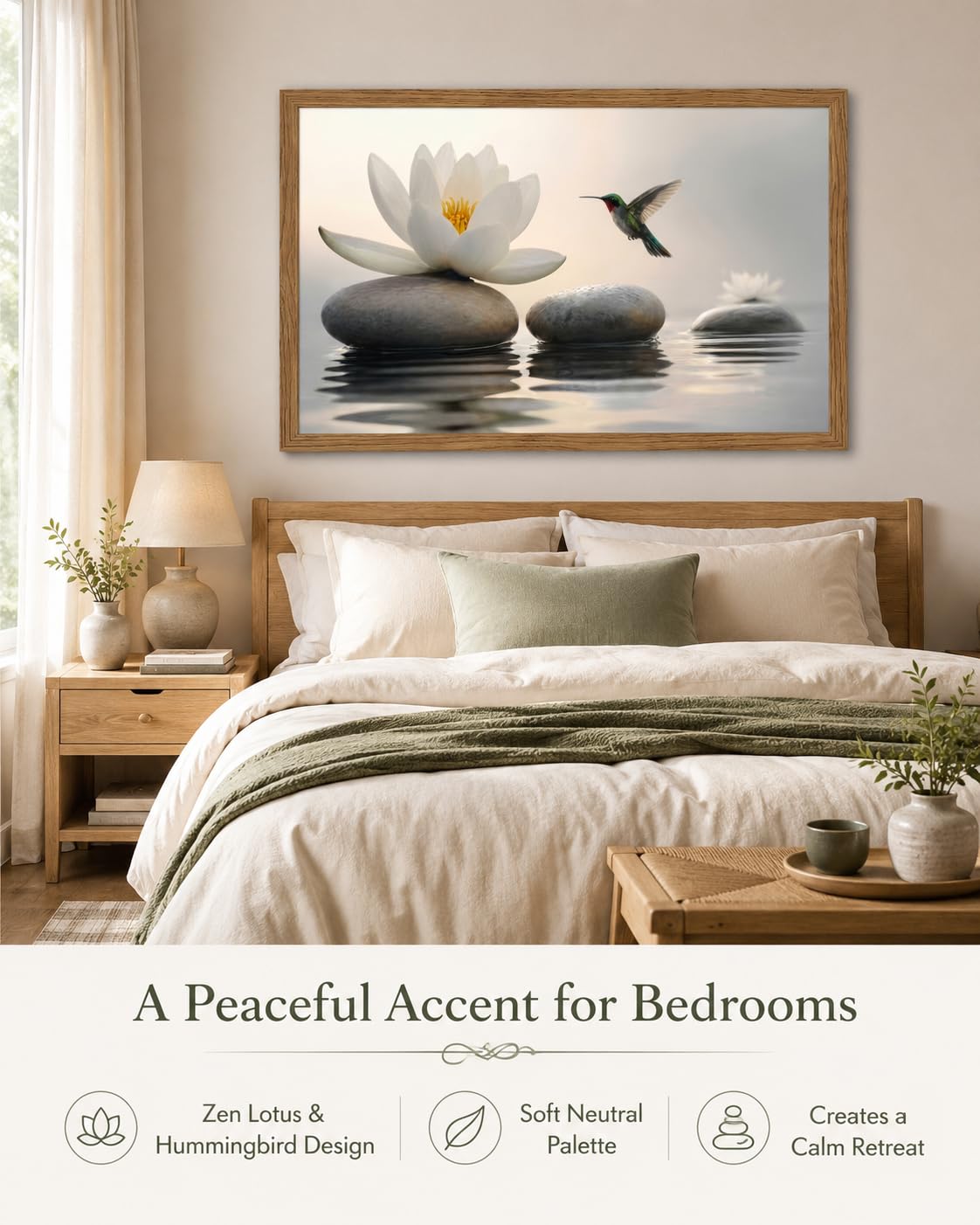 Wood Framed Zen Stone Wall Art Spa Lotus Flower Hummingbird Wall Decor (Hummingbird / 16"L x 24"W)