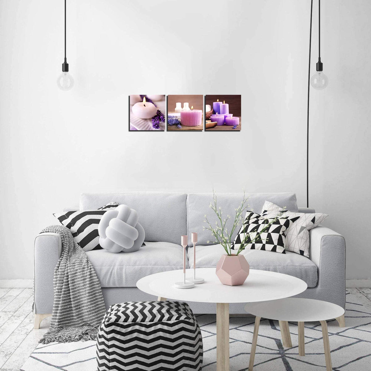Zen Canvas Wall Art Spa Still Life With Purple Aromatherapy Candles And Zen Stone Aroma Lavender Flower Painting Pictures Print on Canvas Ready to Hang for Bathroom Decoration (16X16inchX3pcs / lavender candles)