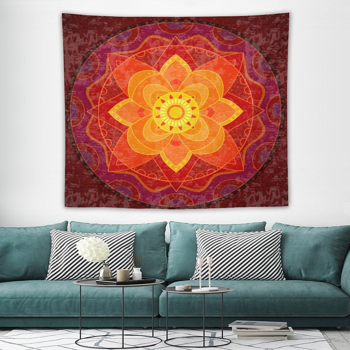 Red Mandala Tapestry Wall Hanging Bright Circular Ethnic Pattern Native Indian Ornament Tapestries Home Decor for Living Room Bedroom Kitchen Dorm 50"x60" (50"L x 60"W / Mandala-9)