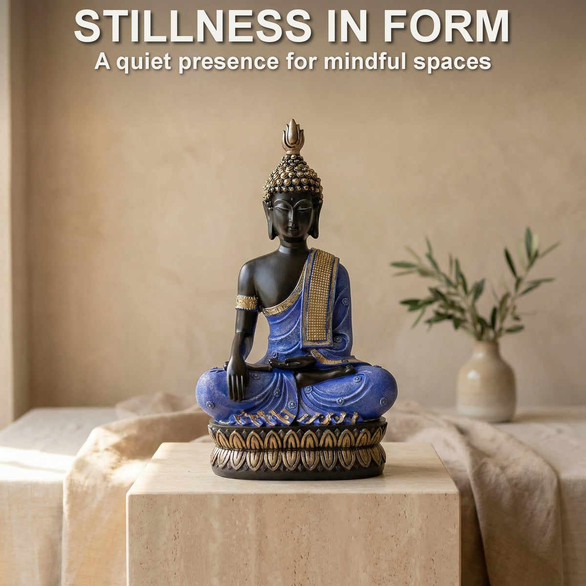 Large 12.5 Inch Polyresin Buddha Statue (Blue and Gold)
