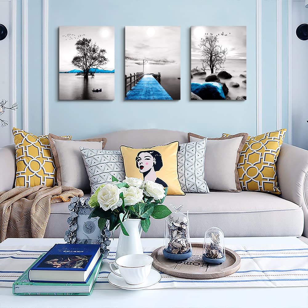 Framed Canvas Wall Art for Living Room (12x16inches*3pcs / Black And White Landscape Paintings)