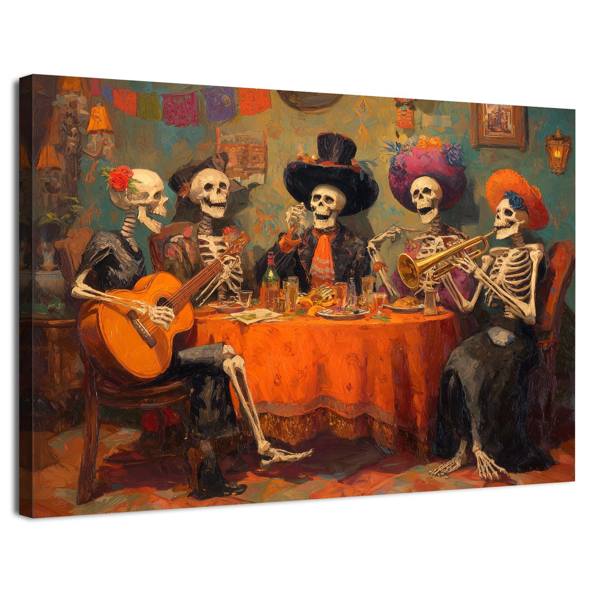 Watercolor Halloween Canvas Wall Art Gothic Skull Canvas Wall Decor Skeletons Party Painting Poster Funny Skull Prints Pictures Halloween Artwork for Kitchen Dining Room Home Decorations 24x36" (36"L x 24"W / Skull Party)