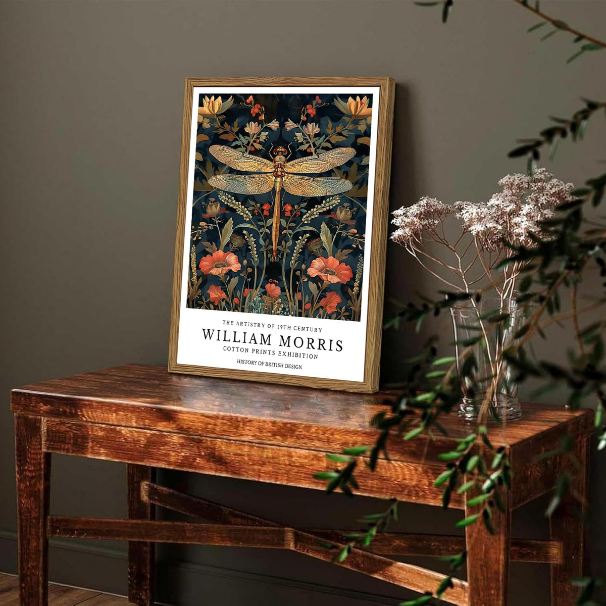 Vintage Dragonfly Wall Art William Morris Flowers Wall Decor Picture (Animal-G / 24"L x 16"W)