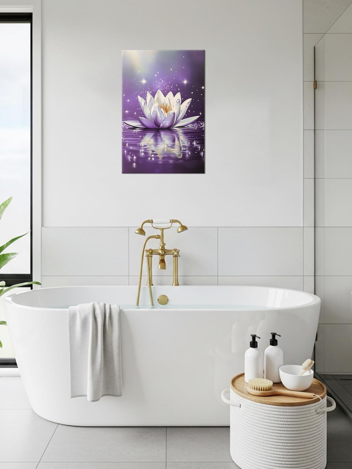 Lotus Flower Wall Art Zen Bathroom Decor Purple Picture Lotus Water Calm Canvas Prints Meditation Painting Modern Poster for Yoga Spa Room Living Room Office Decor Framed (B-Purple / 18"L x 12"W)