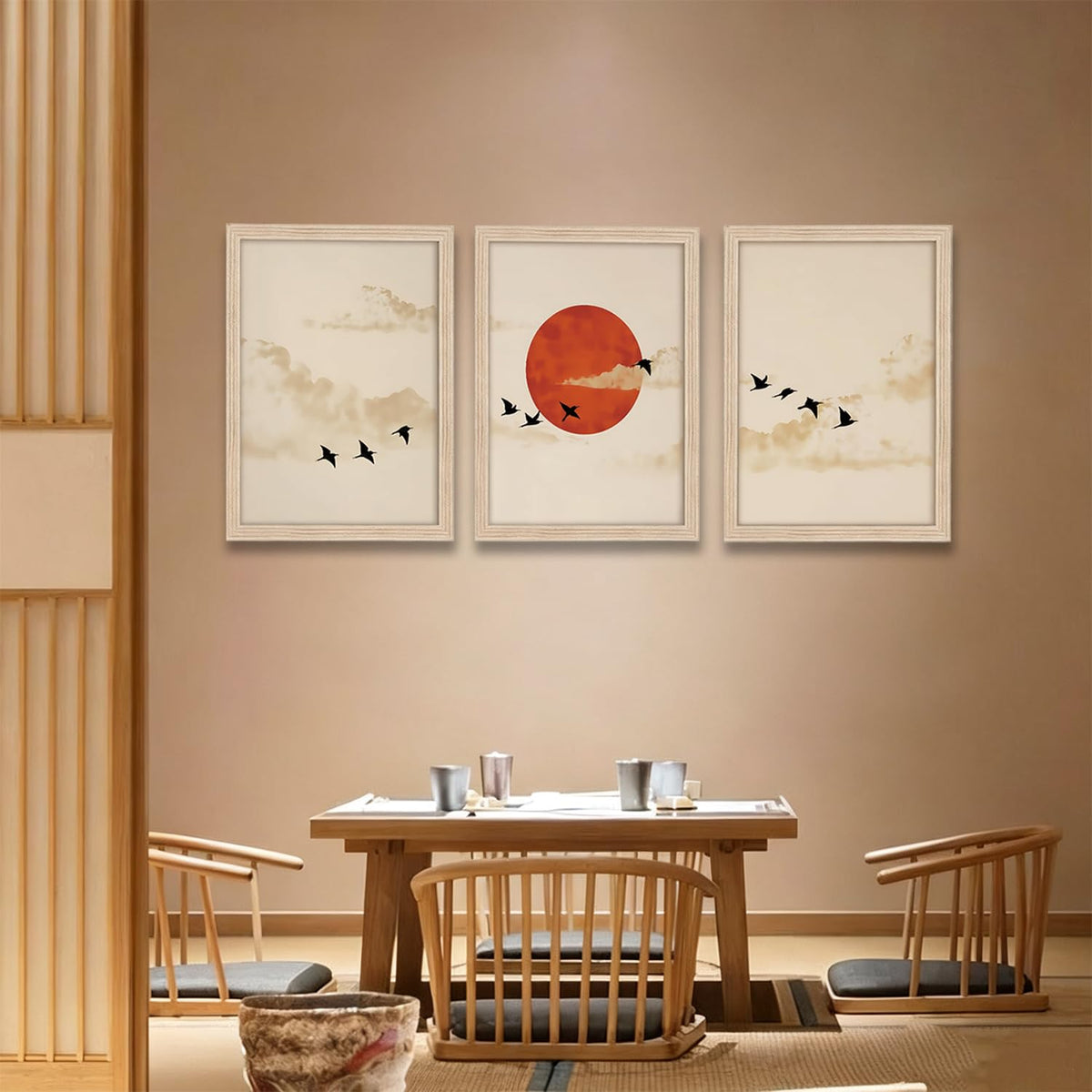 Framed 3D 3Pcs Sunset Birds Canvas Wall Art Japanese Decor (white sun / 24"L x 16"W)