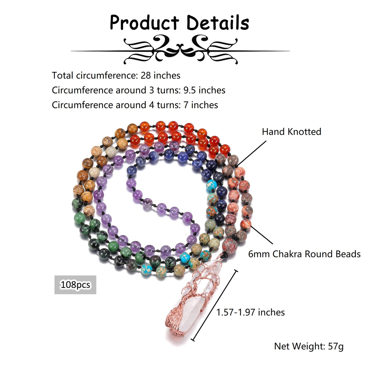 Natural 7 Chakra 108 Mala Prayer Beads Necklace with Reiki Clear Quartz Tree of Life Healing Crystal Pointed Pendant Multilayer 6mm Gemstone Beads Men Women Jewelry for Meditation (Clear Quartz)