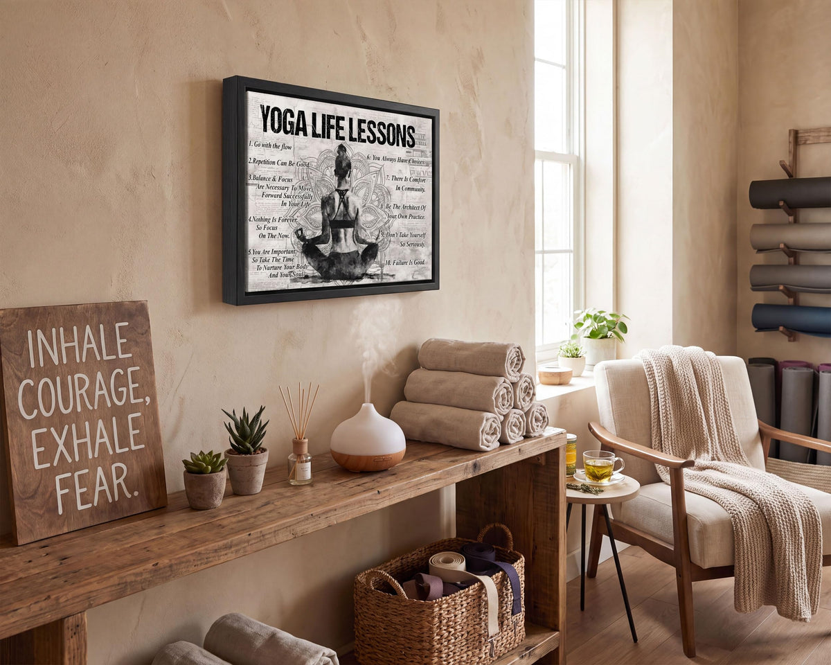 Black Framed Zen Yoga Life Lessons Canvas Wall Art 16x24in (Yoga / 24"L x 16"W)