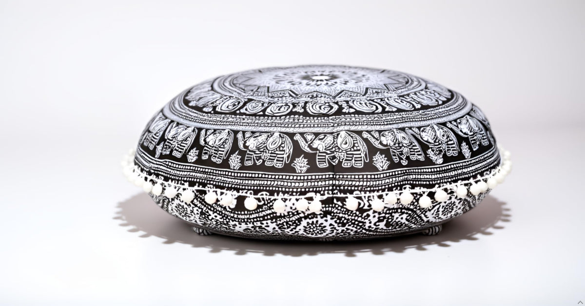 32" Large Round Bohemian Floor Pillow Cover Boho Pouf Cover Mandala Meditation Room Pillows Cover Adults Seating Poufs Cushion Cover for Kids Reading Playroom Black Elephant Flower (Black and White Elephant)