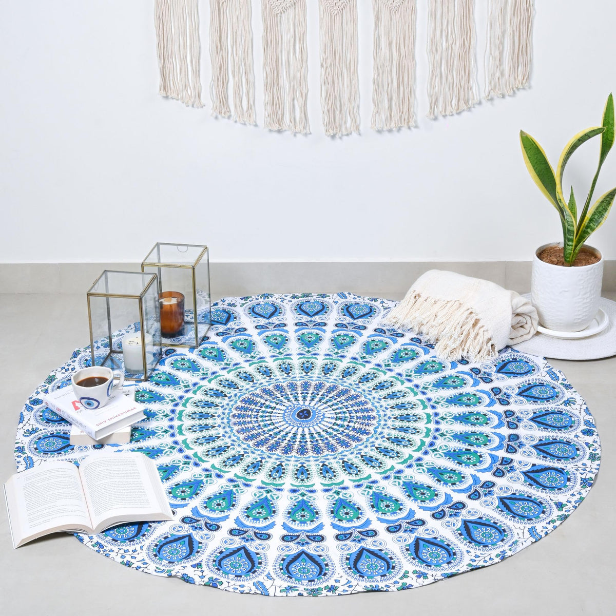 Ombre Mandala Tapestry 48 Inch Round Pure Cotton Table Cloth Hippie Decorative Trippy Tapestries Bohemian Boho Indian (Sky Blue / 48"L x 48"W)