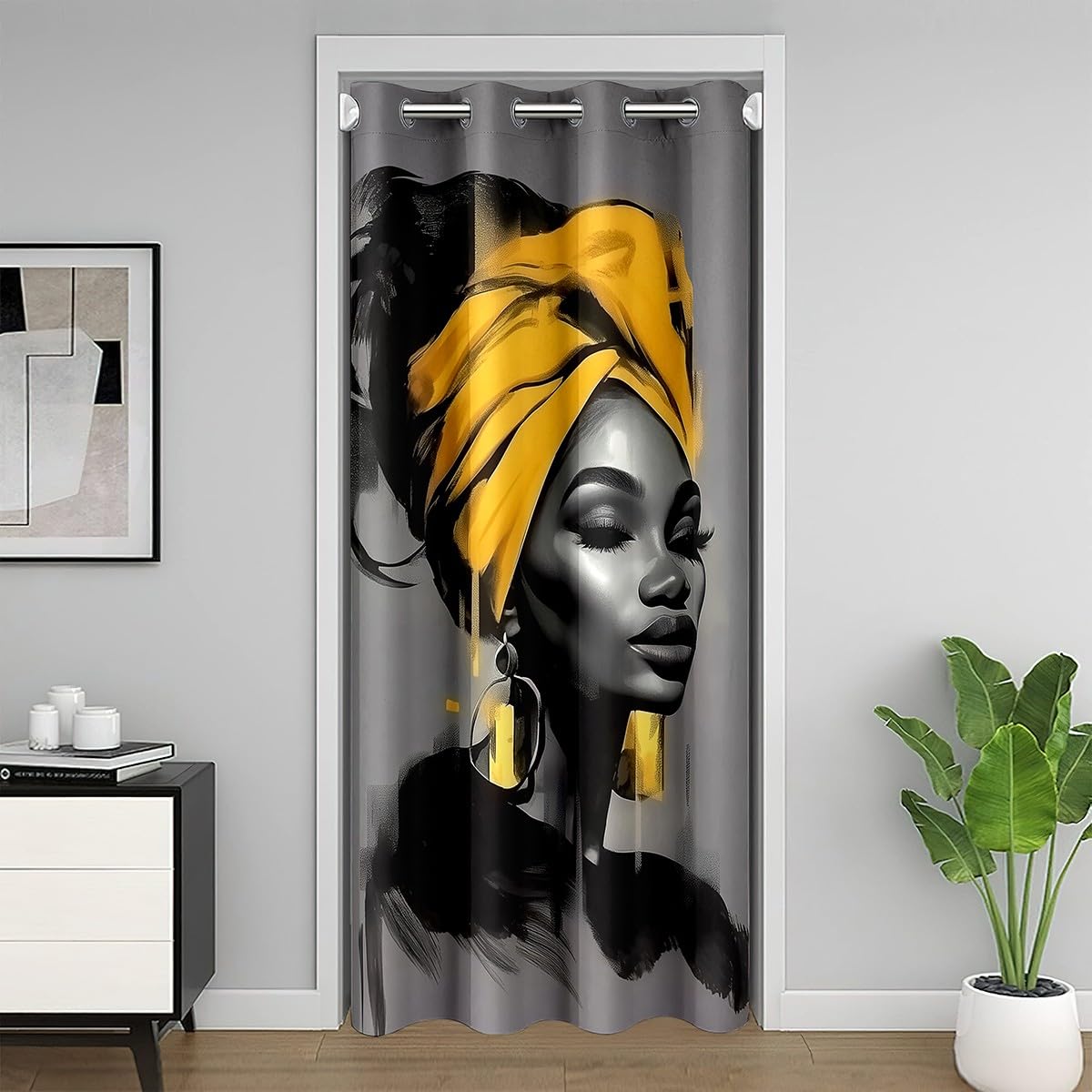 Black Women Door Curtain for Doorway Privacy 42x80 Inch 1 Panel African American Woman Closet Cover Teens Yellow Abstract Room Divider Curtain Breathable Soft Lightweight Modern Room Decor (Grey and Yellow / 42"W x 80"L (Pack of 1))