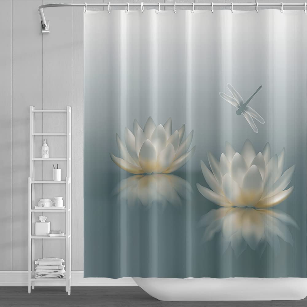 72x84inch Japanese Lotus Shower Curtains for Bathroom Waterlily Floral Blossom Dragonfly Gradient Bath Curtain for Asian Zen Spa Washroom Decoration Waterproof Polyester Fabric with Hooks (72"W x 84"L (Pack of 1) / Grey Blue)