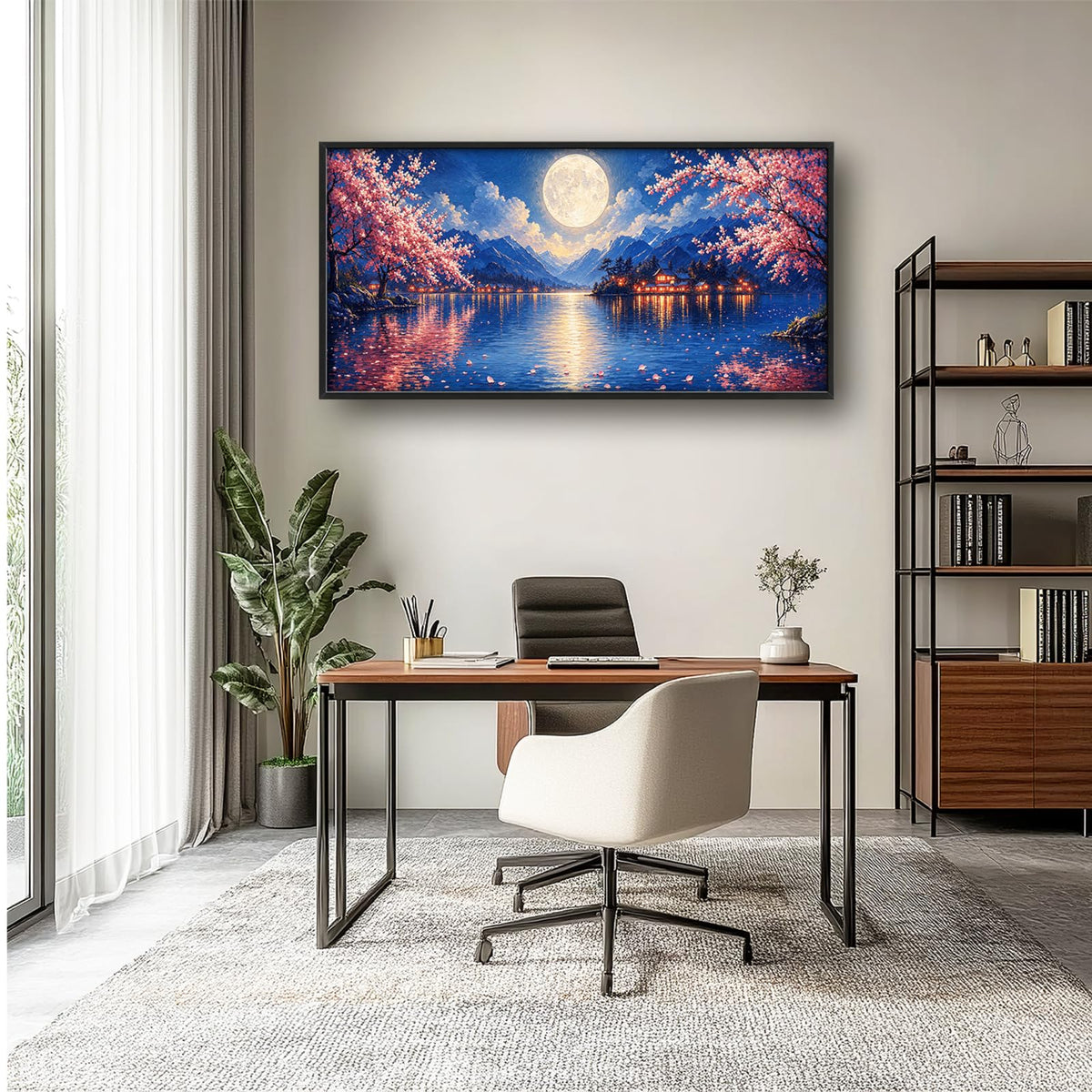Japanese Cherry Blossom Large Wall Art Moon Night Wall Decor Canvas Framed Pictures Painting Artwork For Living Room Bedroom Office Bathroom 30"X60" (Japanese Cherry Blossom / 60"L x 30"W)