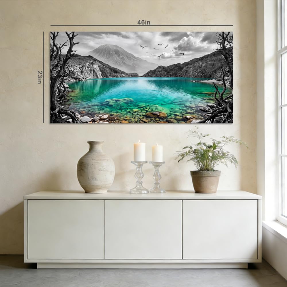 Black and White Mountain Canvas Wall Art Colorful Tropical Floral Lake Landscape Painting Flat Print Gallery Wrapped Artwork for Living Room Bedroom Bathroom Decor (Mysterious / Black Mountain Lake 19 / 46"L x 23"W)