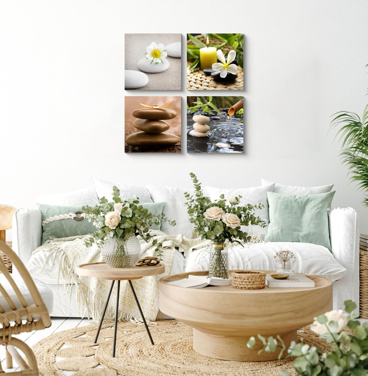 Zen Canvas Wall Art Spa Still Life with Green Bamboo Fountain and Zen Stone Jasmine Flower Painting Pictures for Home Decoration Modern Painting Wall Decor Canvas (14X14inchX4 / a zen)