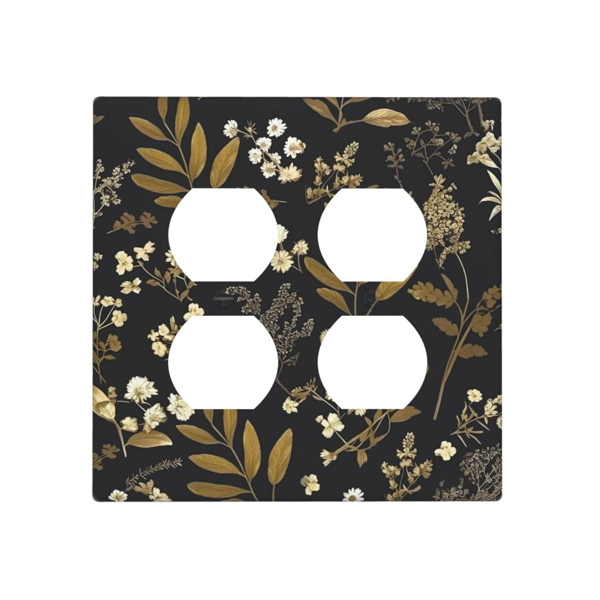 Black Gold Vintage Leaf Floral 2 Gang 2 Duplex Combination Light Switch Cover Decorative Combo Dual Device Receptacle Switch Face Wall Plate (Black Gold Vintage Leaf Floral / 2 Gang2 Duplex)