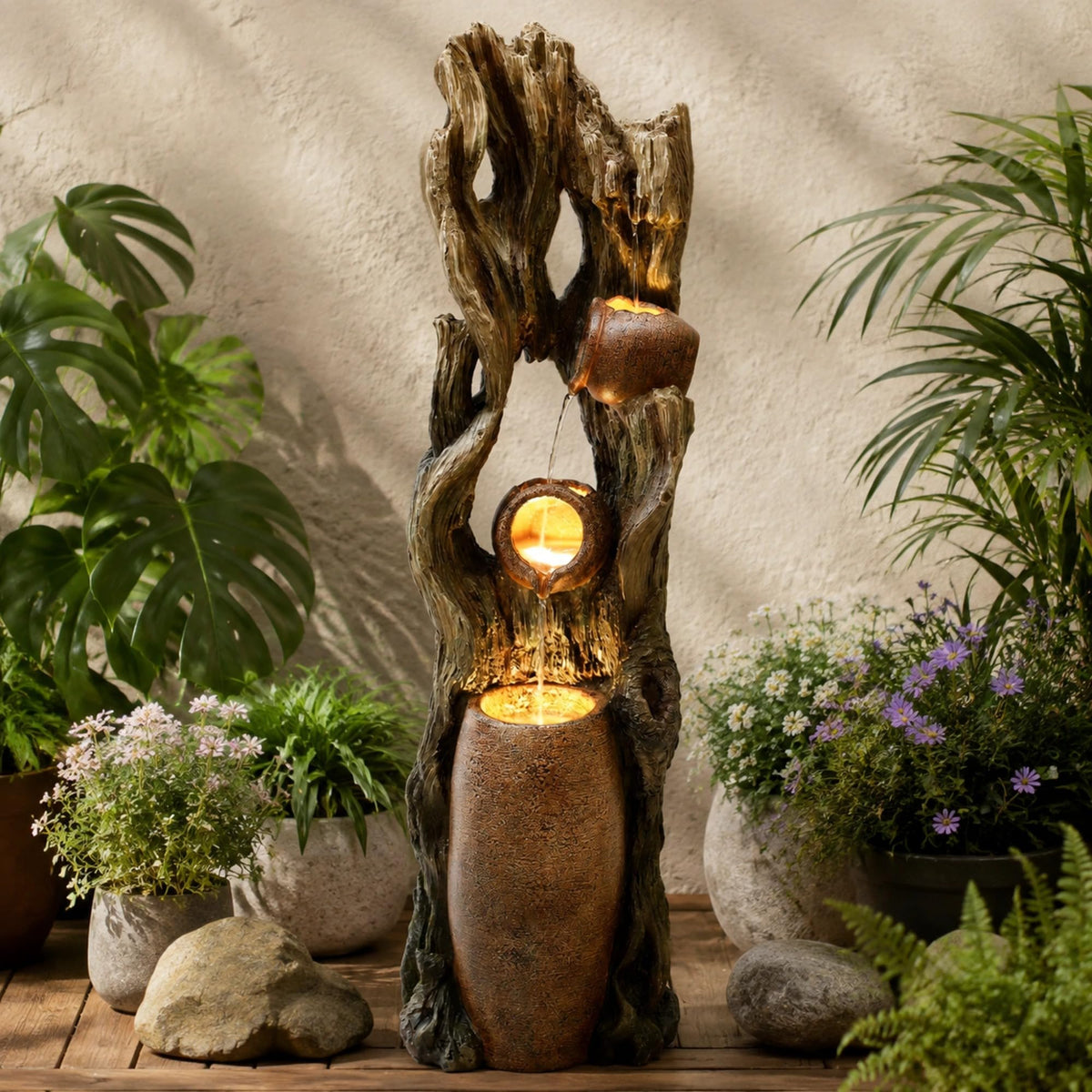 42.7" 3 Tier Outdoor Water Fountain LED Tree Trunk Jar Waterfall (43"h Weathered Trunk)