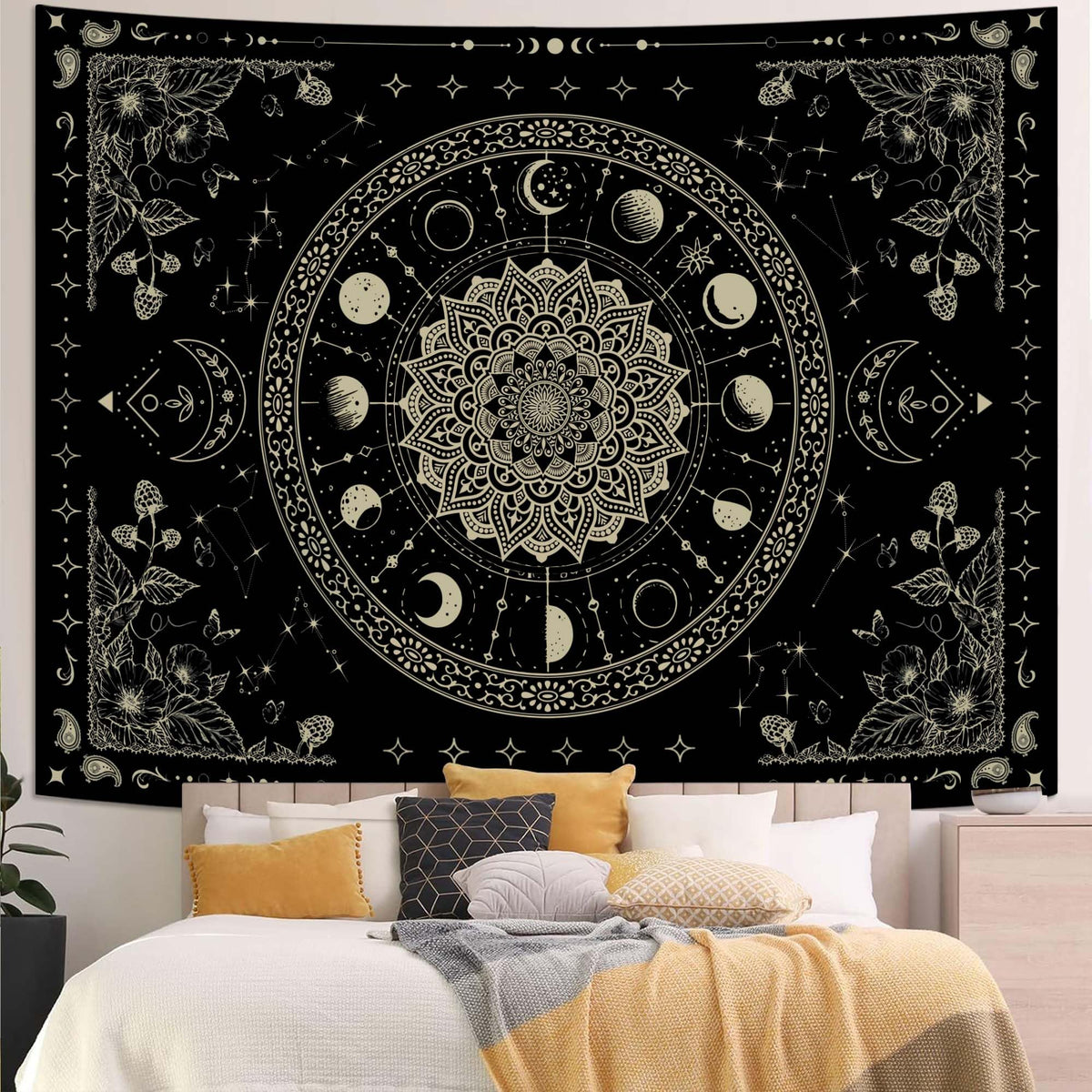 Mandala Moon Tapestry Boho Tapestry for Bedroom Black Tapestries Wall Hanging Living Room Wall Art and Home Decor 44x60 (60"L x 44"W / Black)