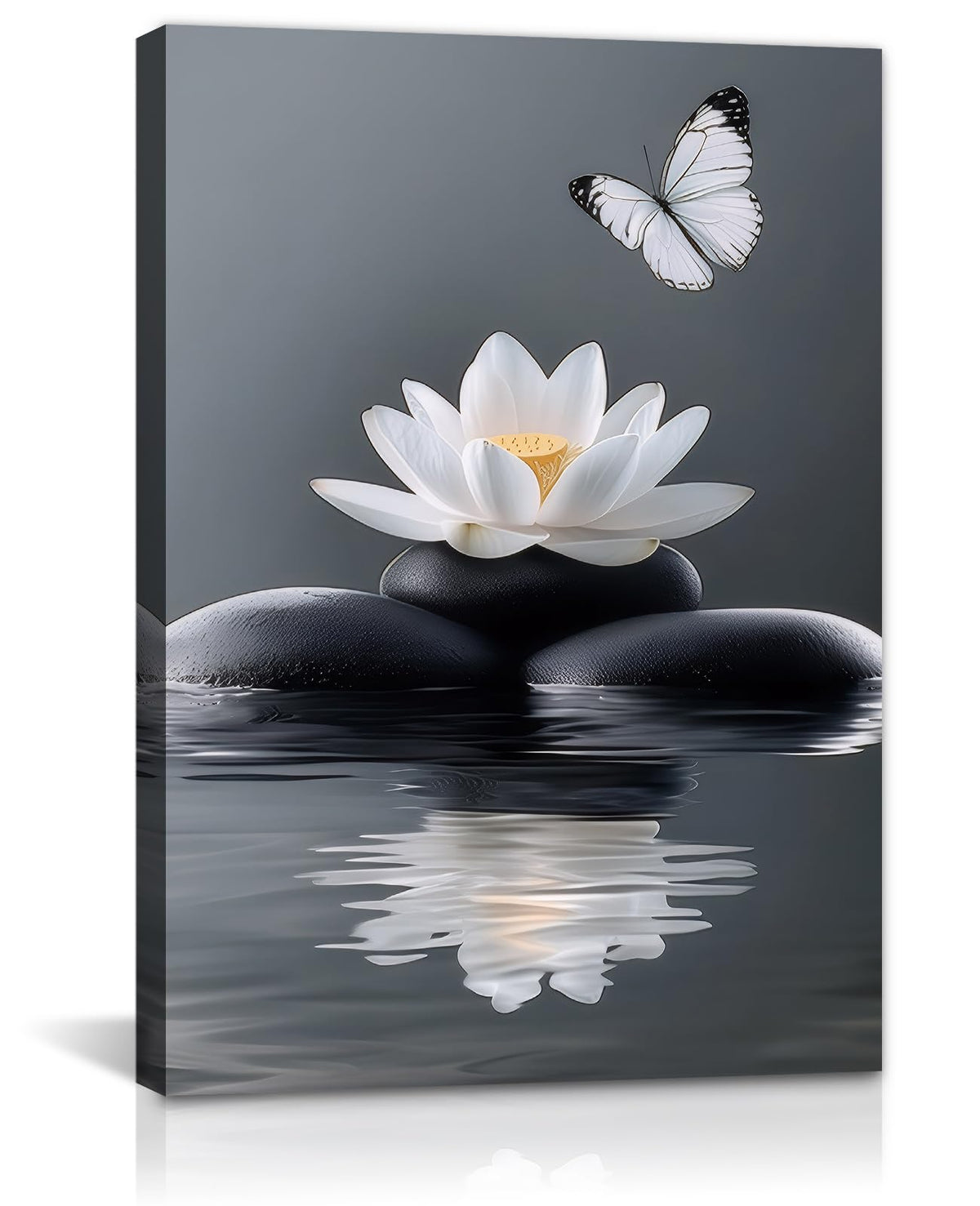 Zen White Lotus Canvas Wall Art Spa Room Meditation Wall Decor Peaceful Stone Butterfly Posters Prints for Bathroom Yoga Spiritual Room Bedroom Decoration (Artwork-3 / 42"L x 28"W)