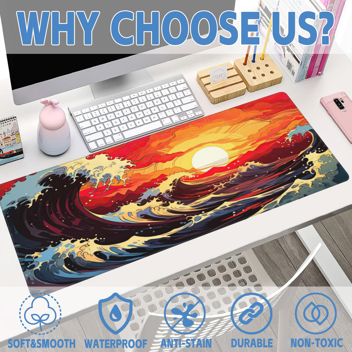 Large Gaming Mouse Pad for Desk (11.8" x 31.5" / Ocean Waves at Sunset)