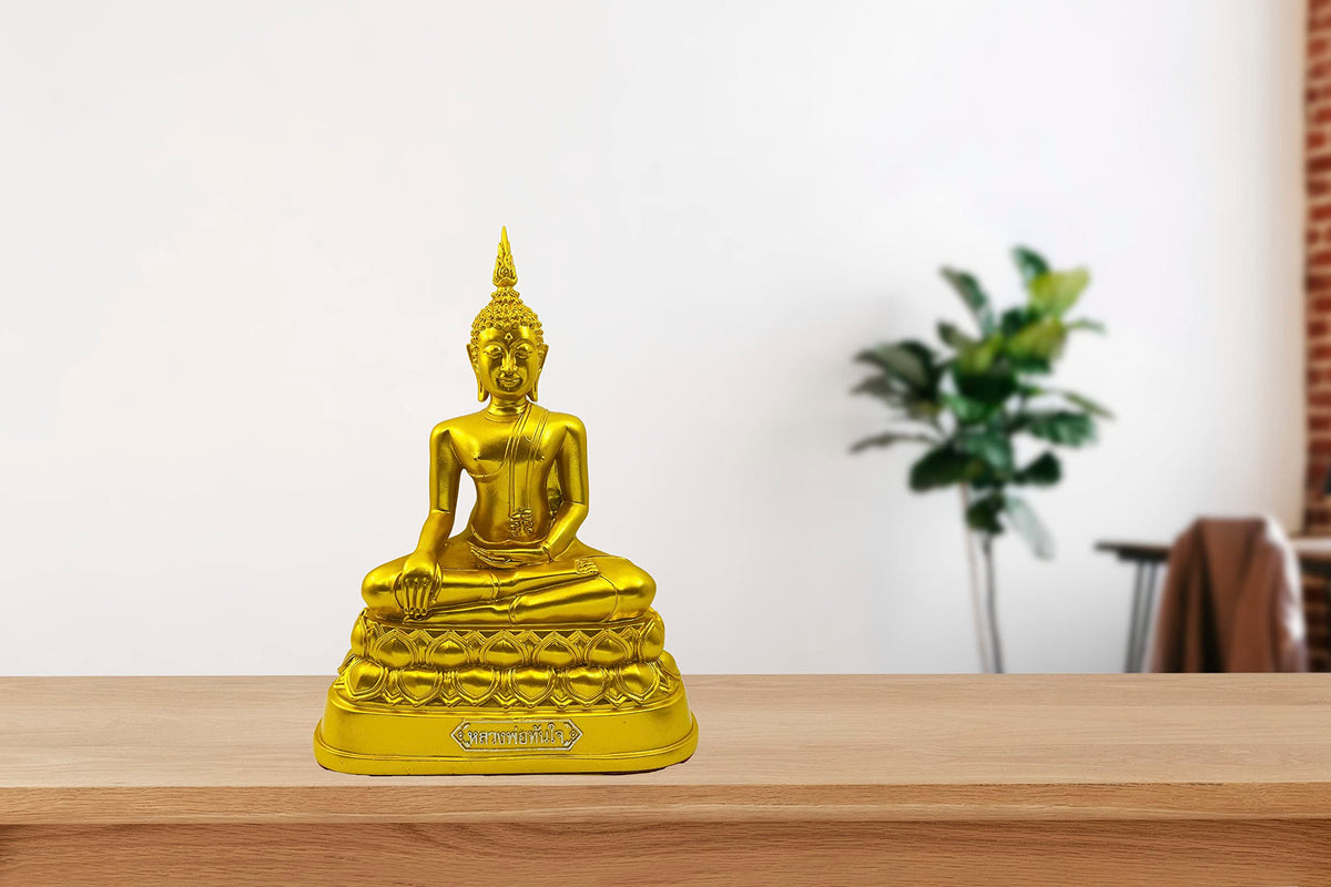 Buddha overcoming Temptations 9" H. Gold Thai Buddha Statue for Home Decor Living Room Decor Small Gift Office Gift Sculpture Figurines Zen Altar (Gold)