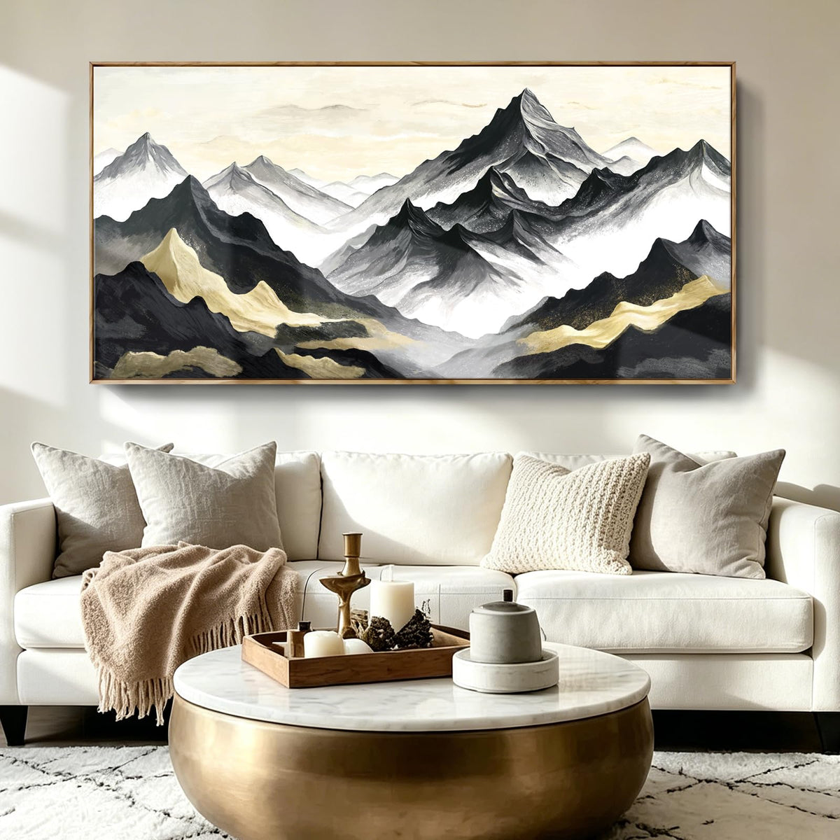 Framed Natural Mountain Bedroom Wall Art Chinese Zen print 58X29 In (Black Gold Wall Art / 58"L x 29"W(Framed))