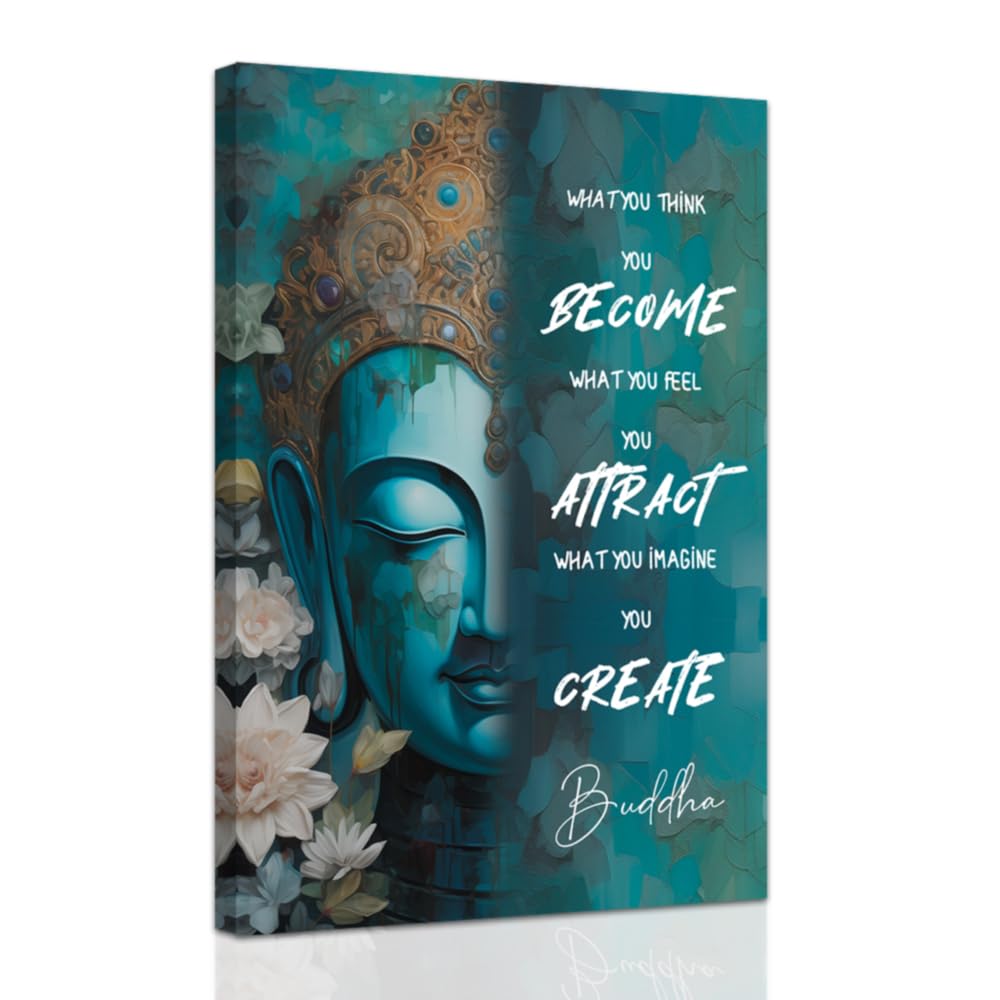 Buddhist Motivational Wall Art Buddha Quotes Canvas Pictures Zen Bathroom Painting Spa Artwork Prints for Yoga Room Office Decor Framed (Teal / 16" x 24")