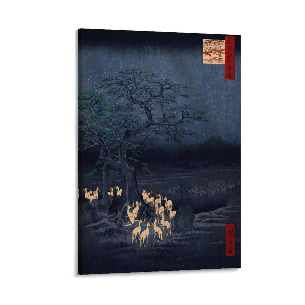 Hiroshige Foxfires At The Changing Tree Canvas Printing Wall Art Prints Wall Decor Posters Japanese Ukiyoe Night Landscape Vintage Folklore Style for Living Room Bedroom Office 24x36inch (style-7 / 24x36inch(60x90cm) Frame)