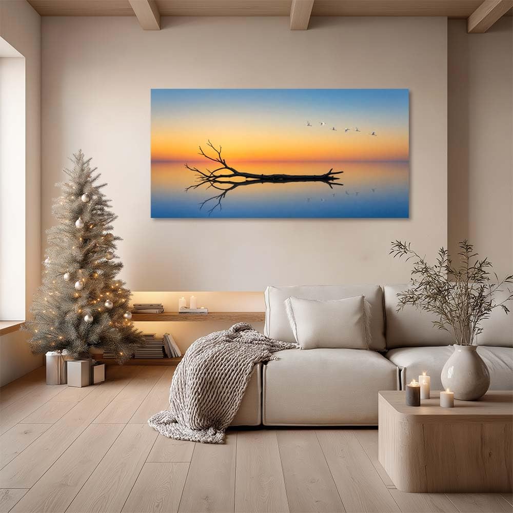 Minimalist Bare Tree Canvas Wall Art Zen Lake Reflection Landscape Painting Flat Print Gallery Wrapped Moody Artwork for Living Room Bedroom Bathroom Decor (Mysterious / Black Dead Tree Branch 18 / 46"L x 23"W)