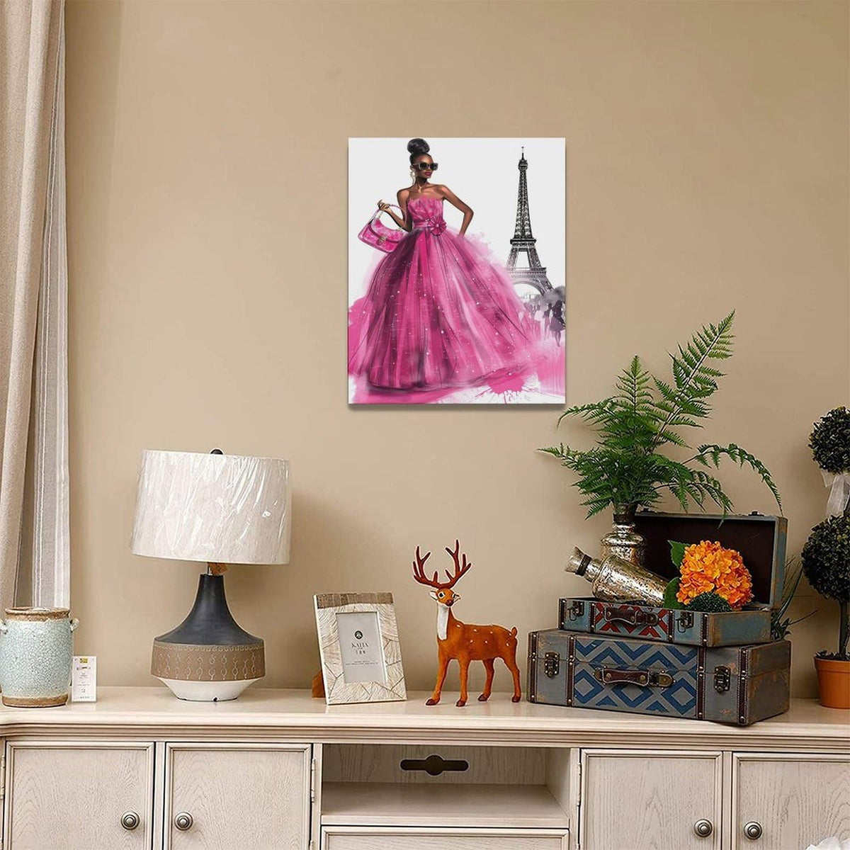 African American Canvas Wall Art Pink Dress Women Fashion Black Girl Pictures Decor Paris Eiffel Tower Painting Prints Modern Framed Artwork for Home Bedroom Bathroom Living Room Office 16"x20" (African American Eiffel Tower / 20"L x 16"W)